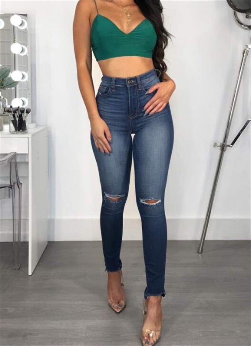 Skirt BL Women's High Waisted Butt Lift Stretch Ripped Skinny Jeans Distressed Denim Pants US 12 Blue 6027 - Image 4